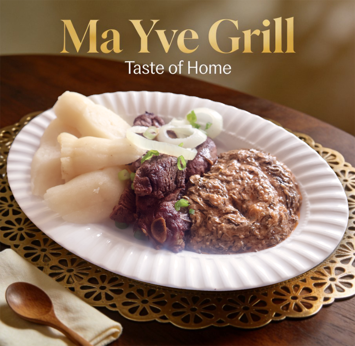 Fumbwa with Chevre — Authentic Congolese dish with goat, cassava leaves, and chikwange at Ma Yve Grill