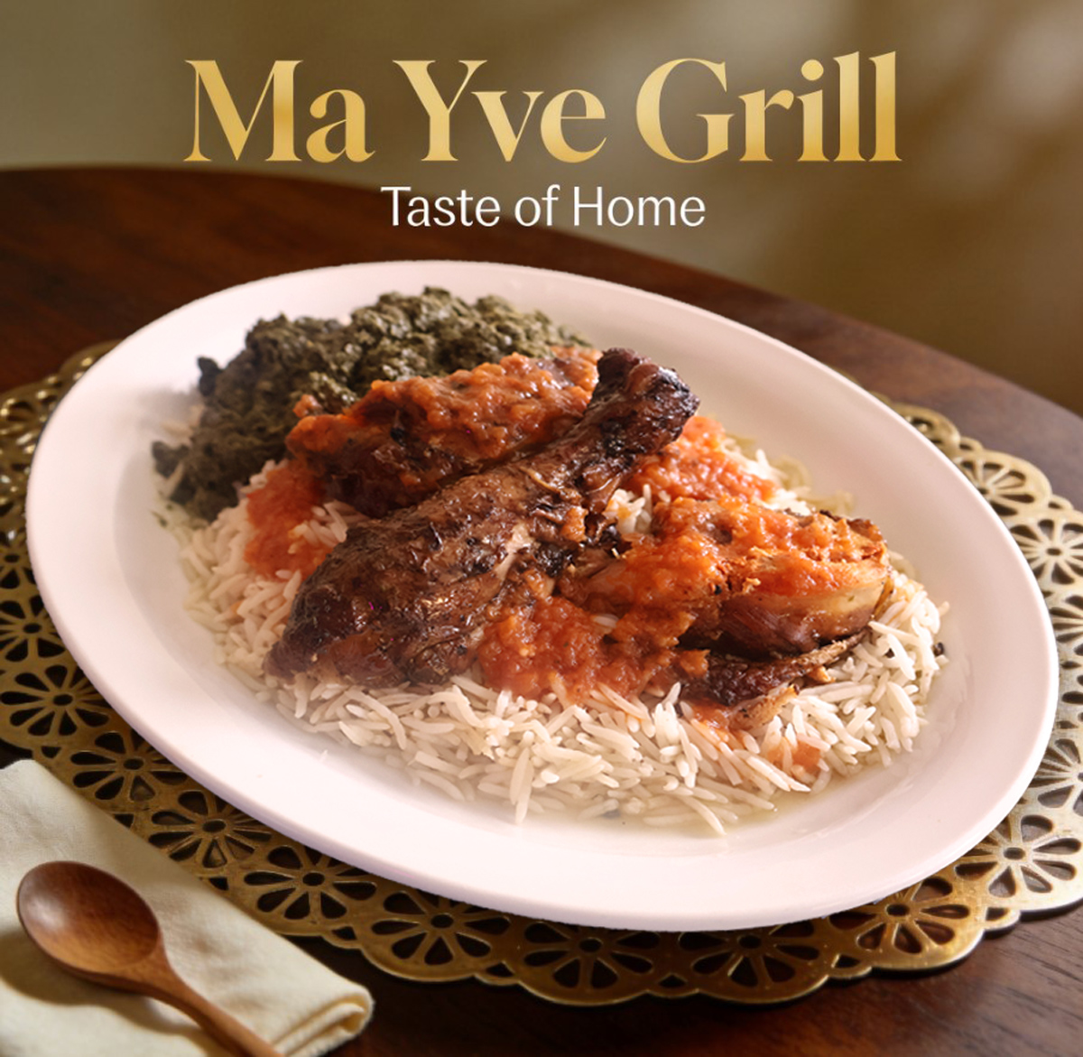 Grilled Chicken Pondu Rice | Authentic Congolese grilled chicken with cassava leaves and jasmine rice at Ma Yve Grill